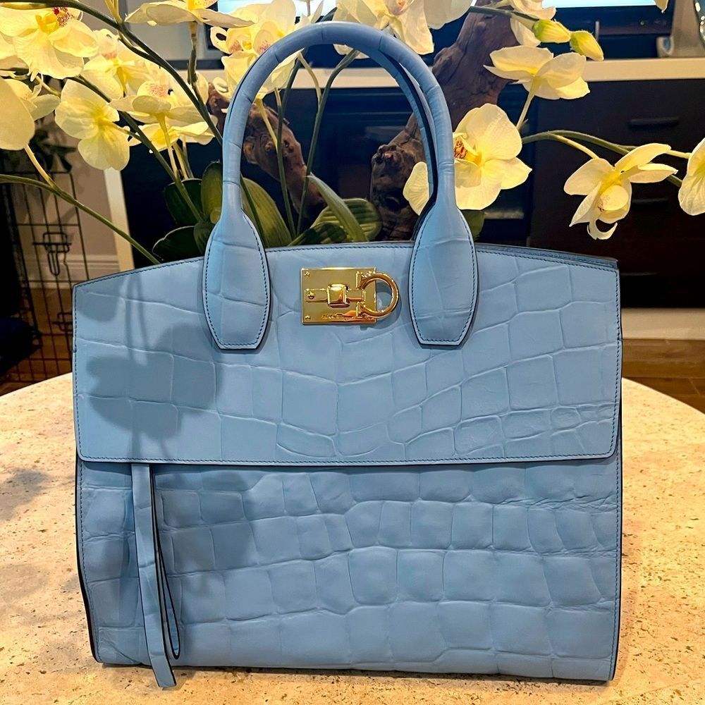NEW Salvatore Ferragamo embossed blue large Studio bag purse